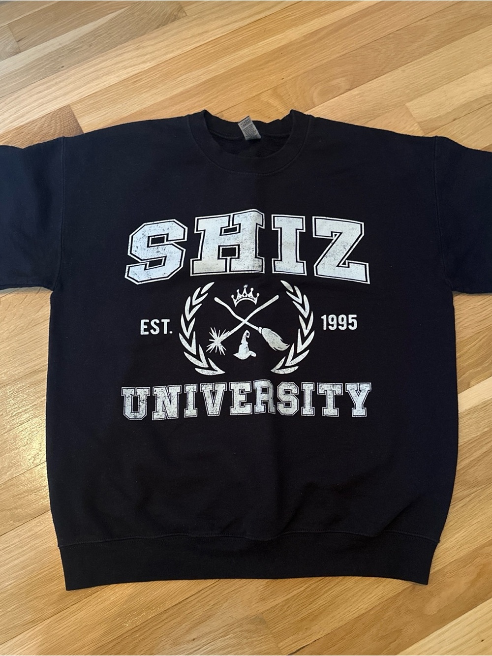 Gildan Black Crewneck Sweatshirt with White 'SHIZ University' Graphic